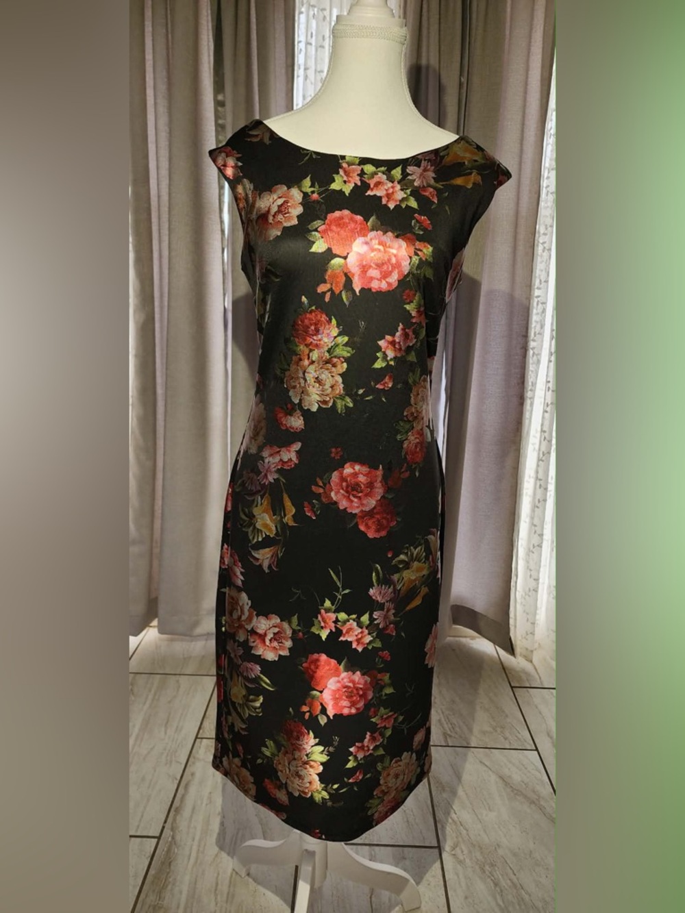 Black Floral Satin Sheath Dress with Pink & Red Blooms